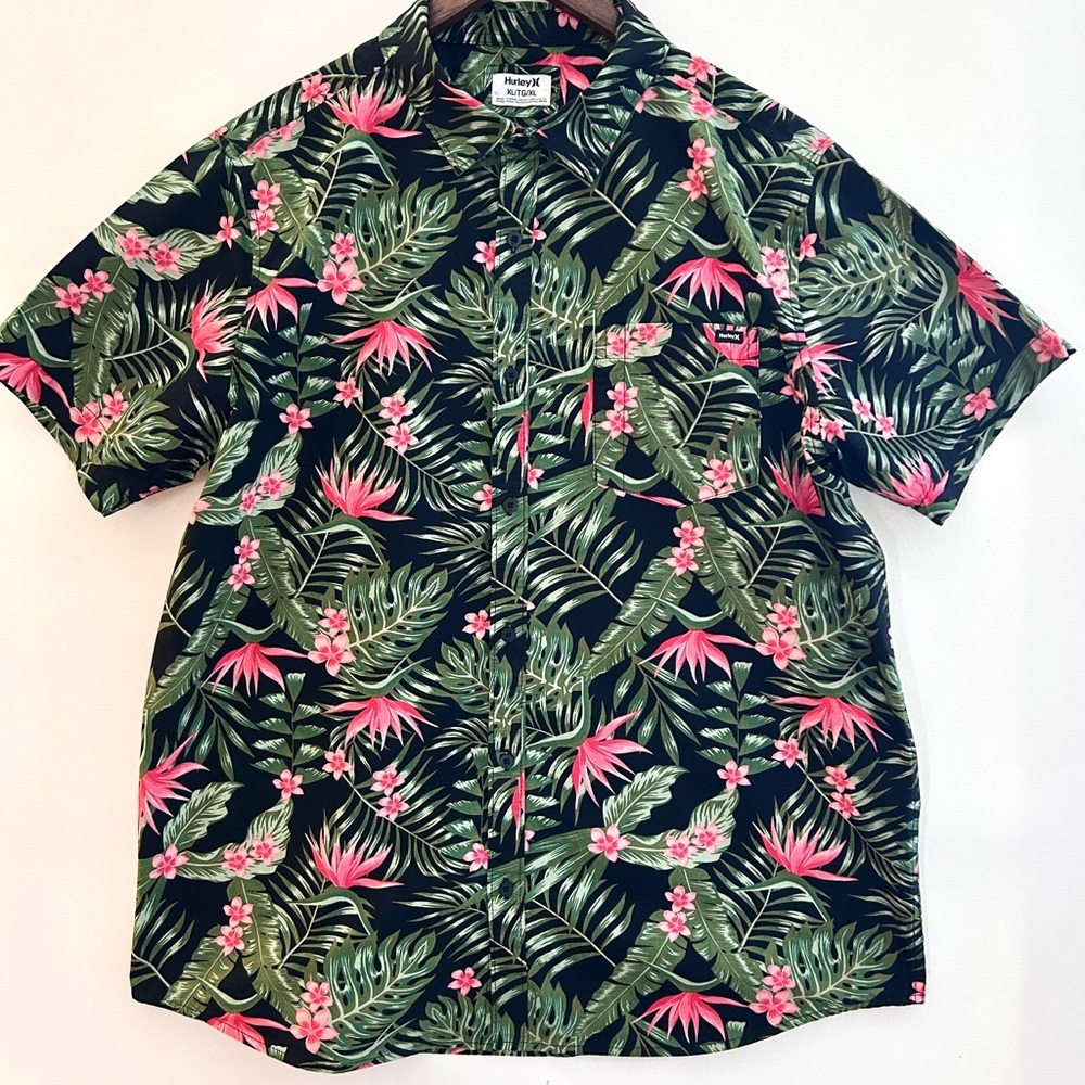 Hurley XL Black Tropical Floral Button Down Hawaiian Shirt